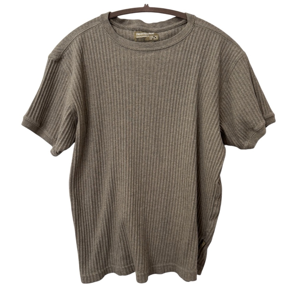 Vintage 100% Cotton Dark Oatmeal Wide Ribbed Short Cap Sleeve  Thick XL Modest